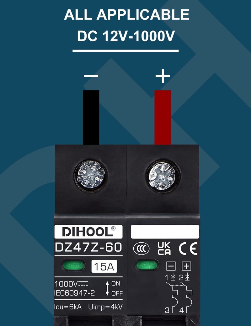 DIHOOL DC Circuit Breaker 15 Amp Solar Disconnect Switch 2P 12-1000V for PV, UPS, RV Battery,DIN Rail Mount - Image 4